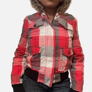 Y2K Roxy Buffalo Plaid Bomber Jacket | Red | Size Medium